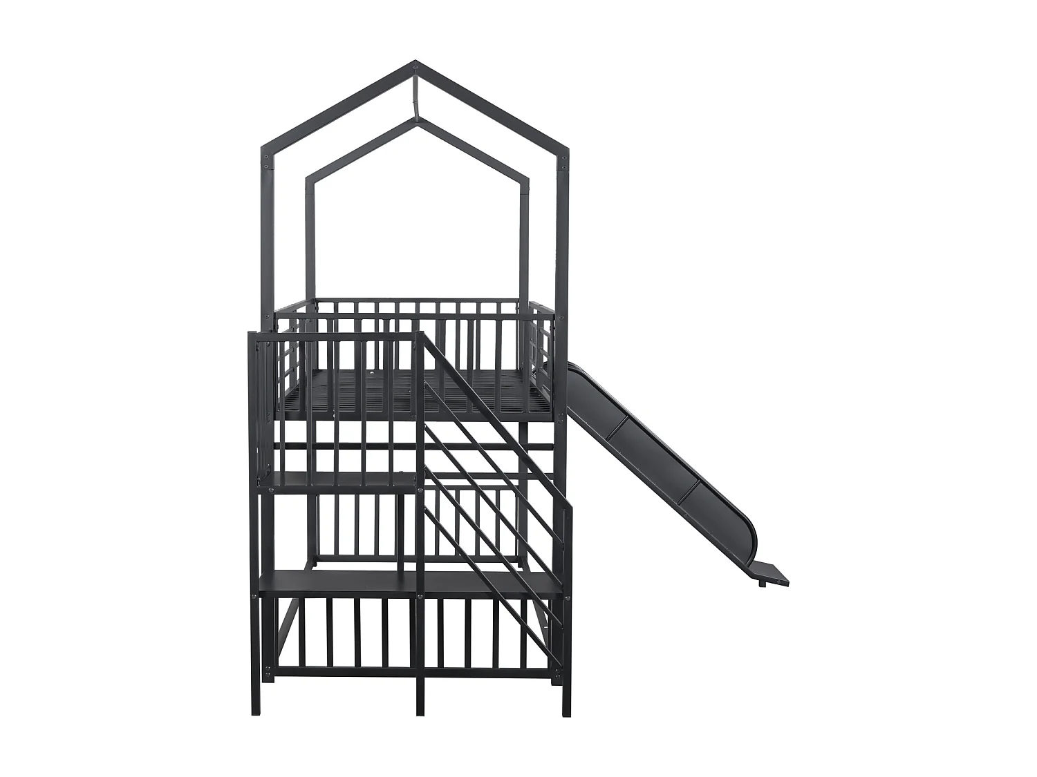 Lit superposé 90x200cm, cadre en fer avec escalier coulissant, toboggan, modélisation de la maison, stable et fiable, noir