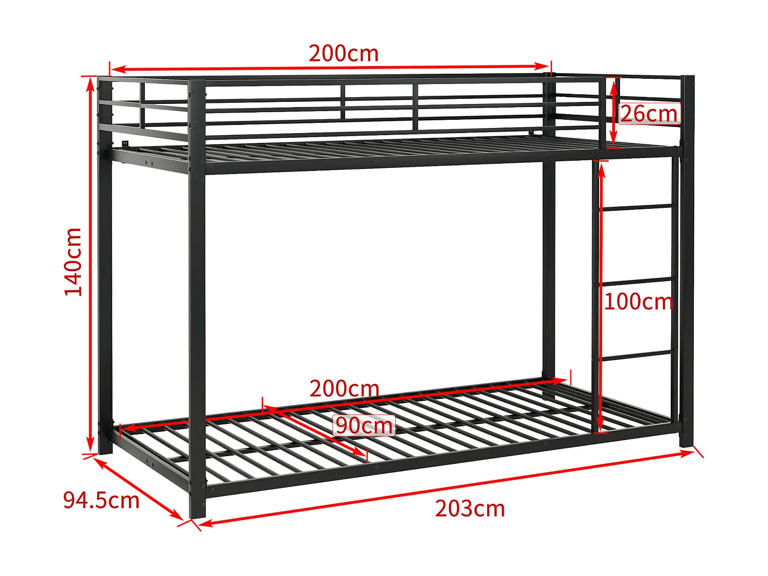 Lit superposé 2 couchages 90x200cm, lit en fer de forme classique avec échelle grimpante, anti-chute, lit platforme, noir