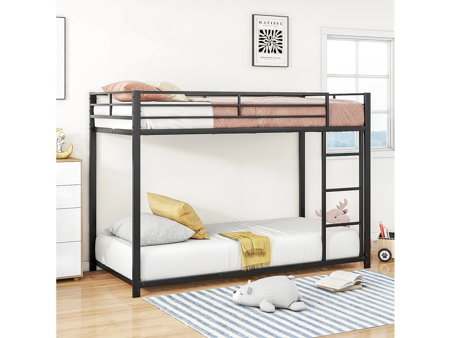 Lit superposé 2 couchages 90x200cm, lit en fer de forme classique avec échelle grimpante, anti-chute, lit platforme, noir