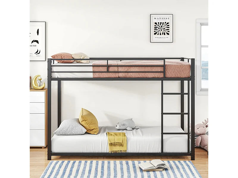 Beliche 2 camas 90x200cm, cama clássica de ferro com escada de escalada, anti-queda, cama de plataforma, preta