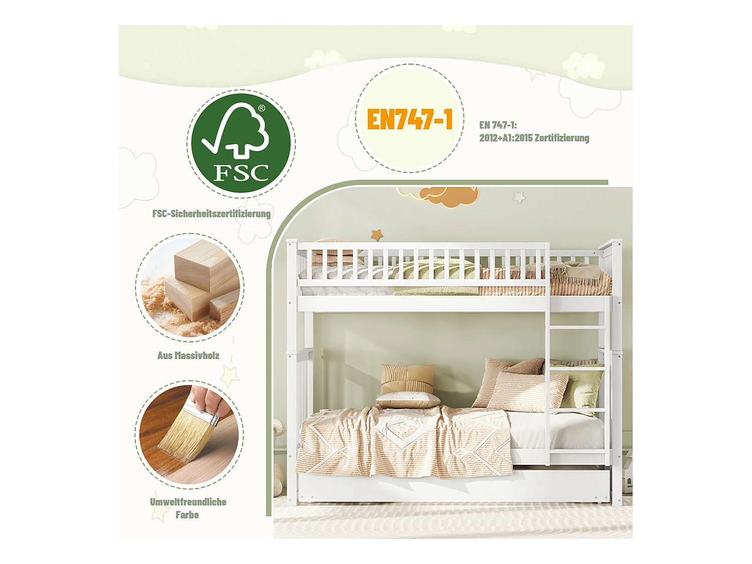 Stapelbed 90x200cm met 1 uitschuifbed 90x190cm, met hoge stabiele trapleuning, anti-val, wit