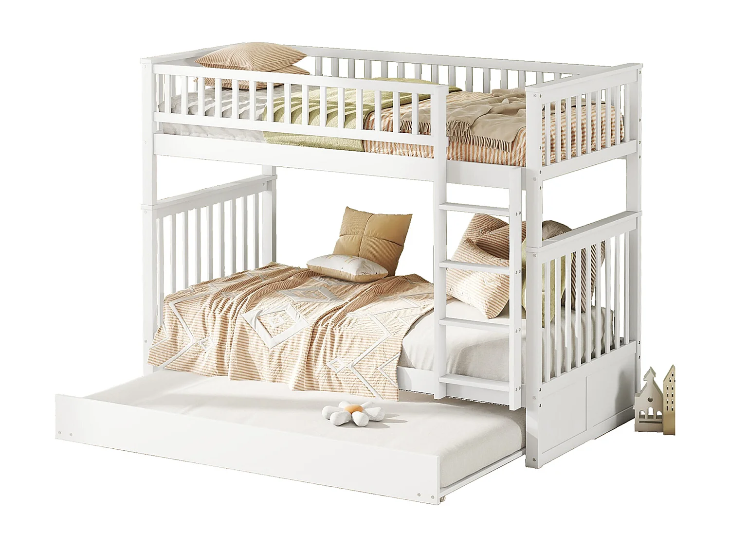 Stapelbed 90x200cm met 1 uitschuifbed 90x190cm, met hoge stabiele trapleuning, anti-val, wit