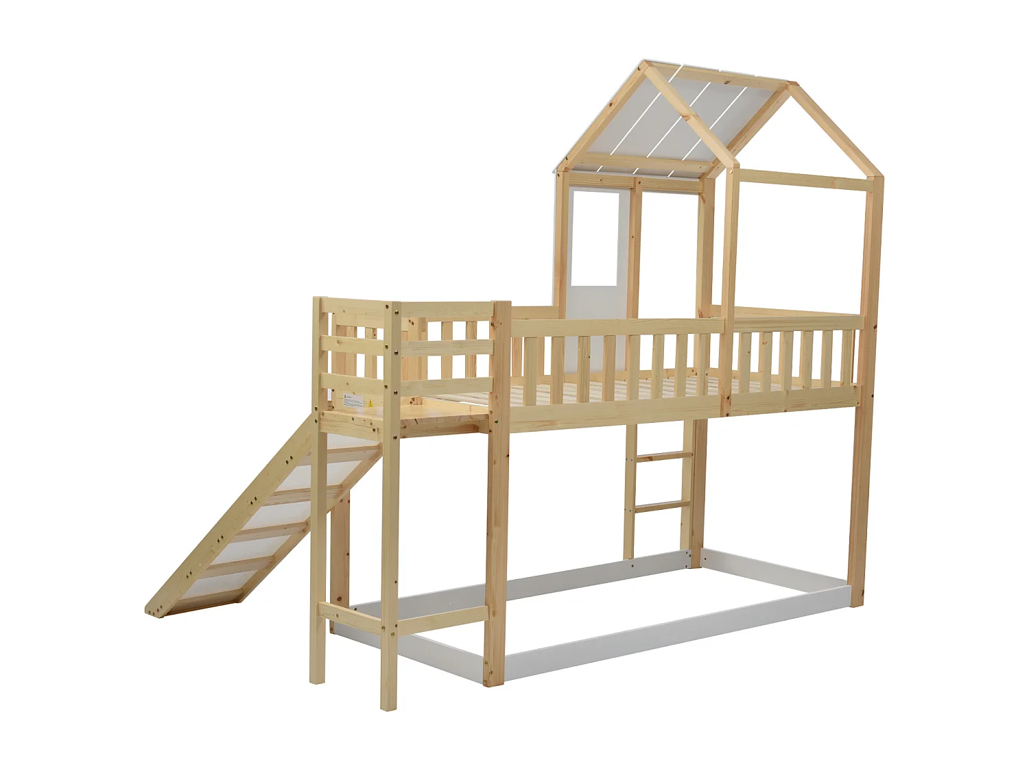 Letto a castello 90x200cm - letto a castello per bambini con scaletta, scivolo, tetto e finestra - anticaduta - letto in pino naturale + bianco