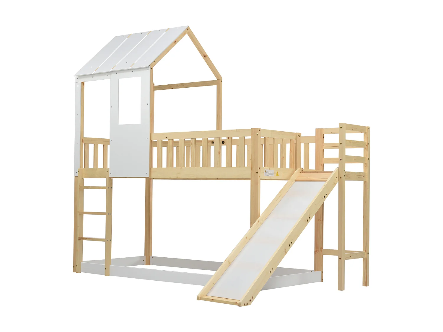 Letto a castello 90x200cm - letto a castello per bambini con scaletta, scivolo, tetto e finestra - anticaduta - letto in pino naturale + bianco