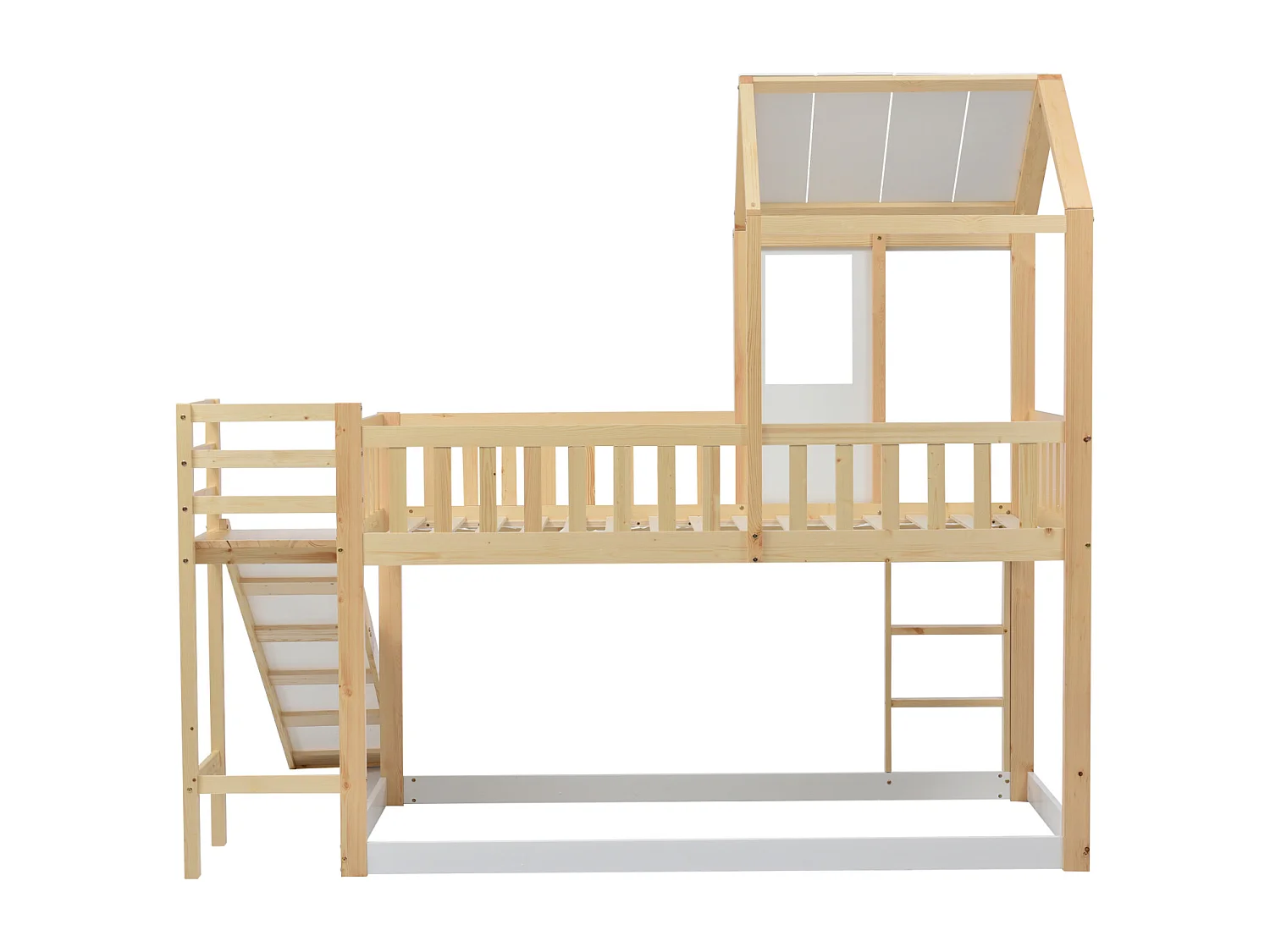 Letto a castello 90x200cm - letto a castello per bambini con scaletta, scivolo, tetto e finestra - anticaduta - letto in pino naturale + bianco