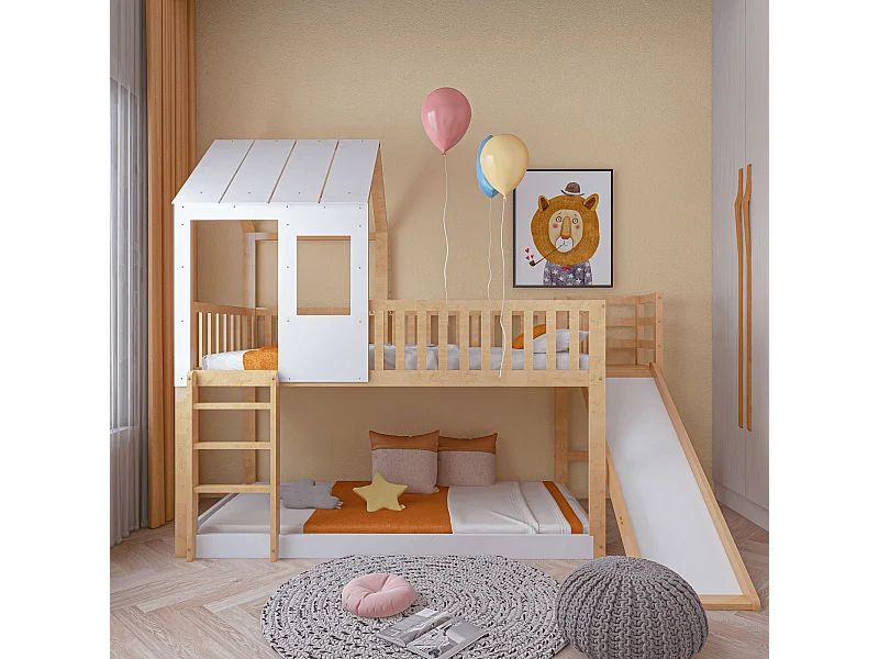 Letto a castello 90x200cm - letto a castello per bambini con scaletta, scivolo, tetto e finestra - anticaduta - letto in pino naturale + bianco
