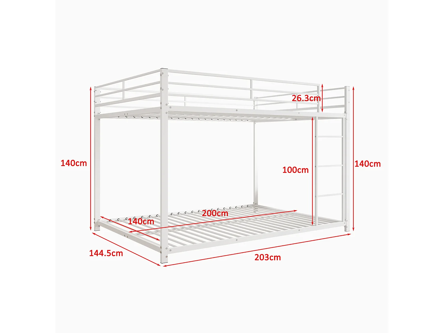 Lit superposé 2 couchages 140x200cm, lit en fer de forme classique avec échelle grimpante, anti-chute, lit platforme, blanc