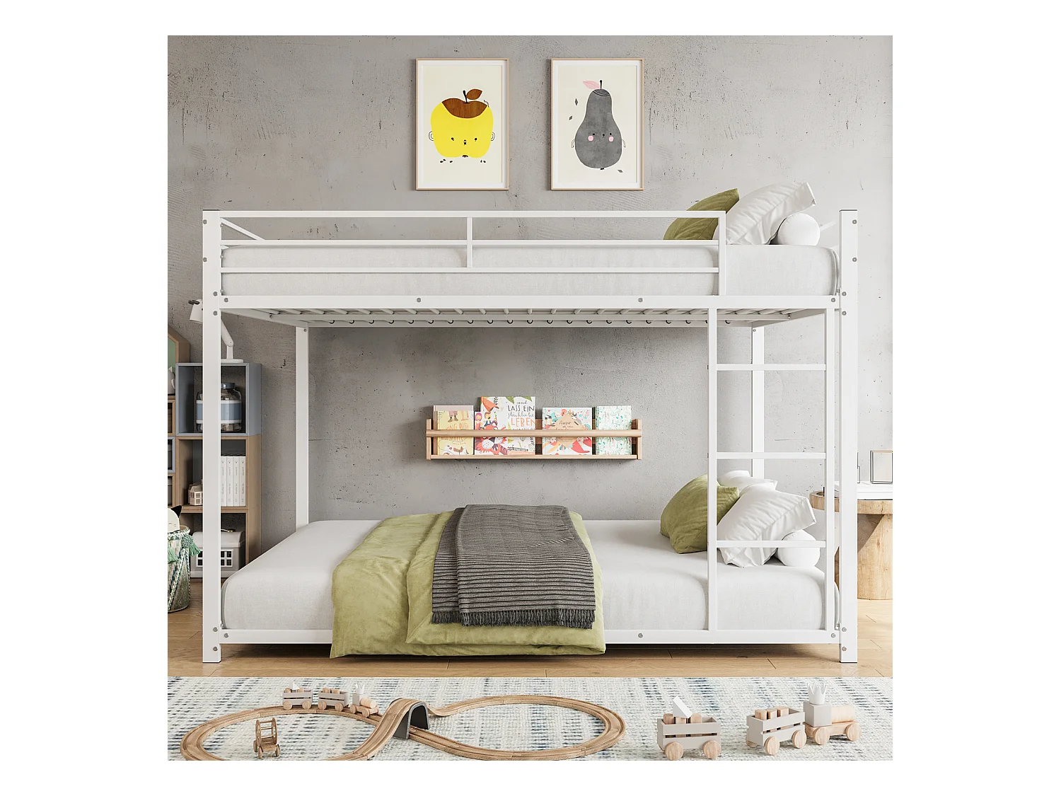 Lit superposé 2 couchages 140x200cm, lit en fer de forme classique avec échelle grimpante, anti-chute, lit platforme, blanc