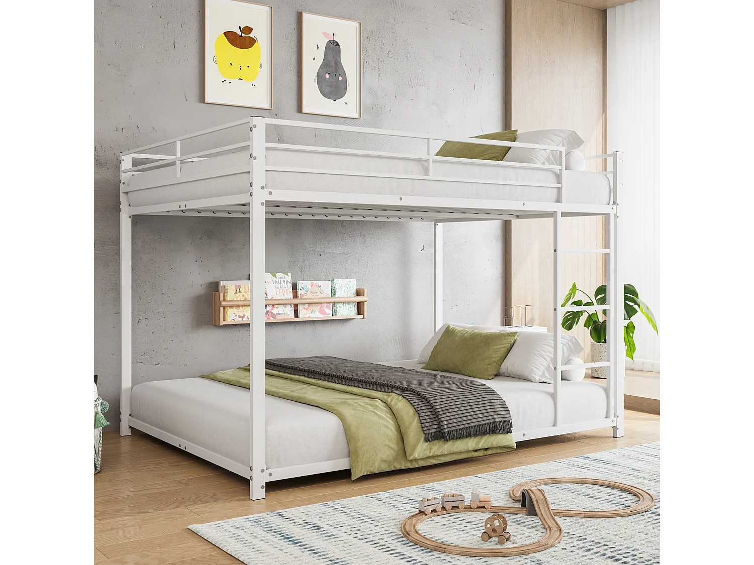 Lit superposé 2 couchages 140x200cm, lit en fer de forme classique avec échelle grimpante, anti-chute, lit platforme, blanc