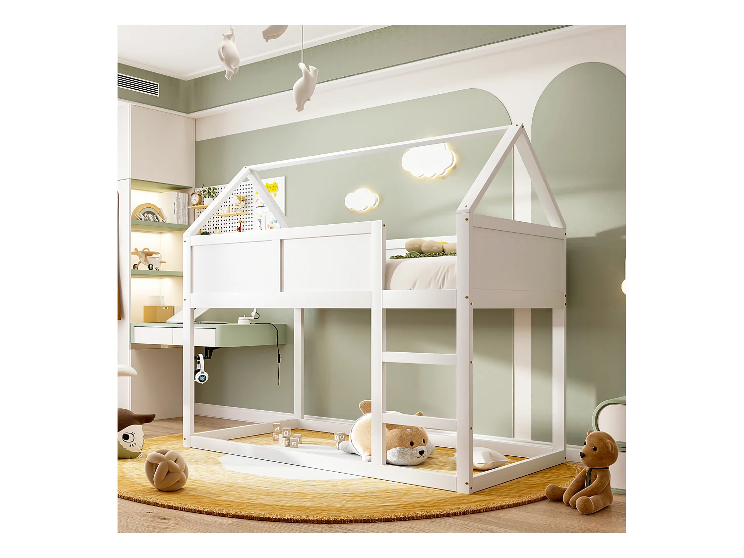 Lit superposé 90x200cm, lit cabane enfant avec escalier et 1x sommier à lattes en haut, cadre en bois massif, blanc bois