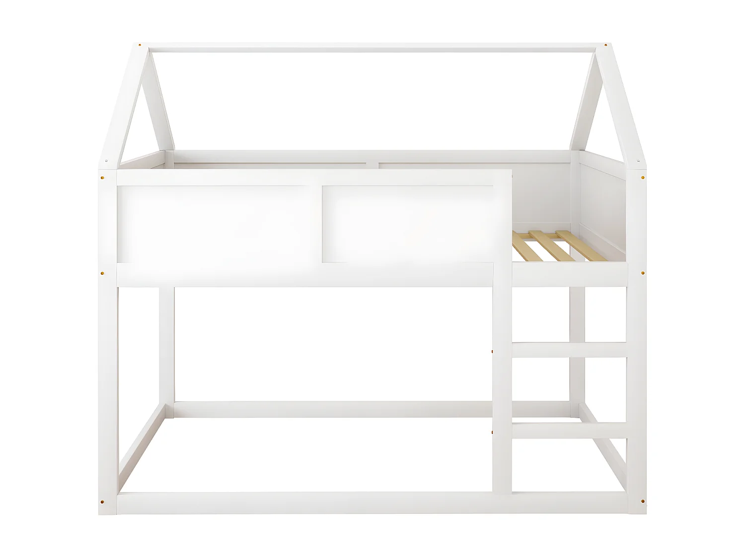 Lit superposé 90x200cm, lit cabane enfant avec escalier et 1x sommier à lattes en haut, cadre en bois massif, blanc bois