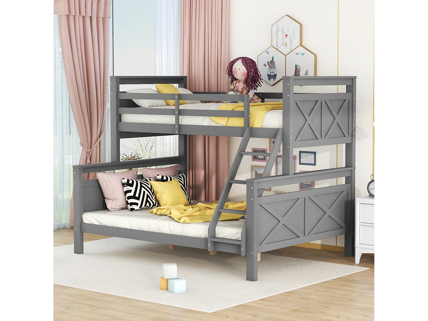 Stapelbed 90(140)x200cm - apart kinderbed met 2 lattenbodems en ladder - in grijs hout