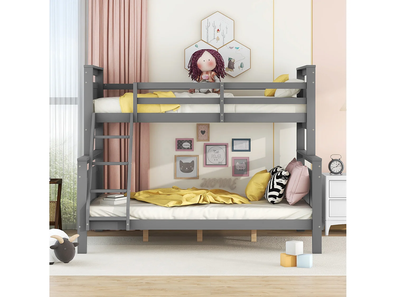 Stapelbed 90(140)x200cm - apart kinderbed met 2 lattenbodems en ladder - in grijs hout