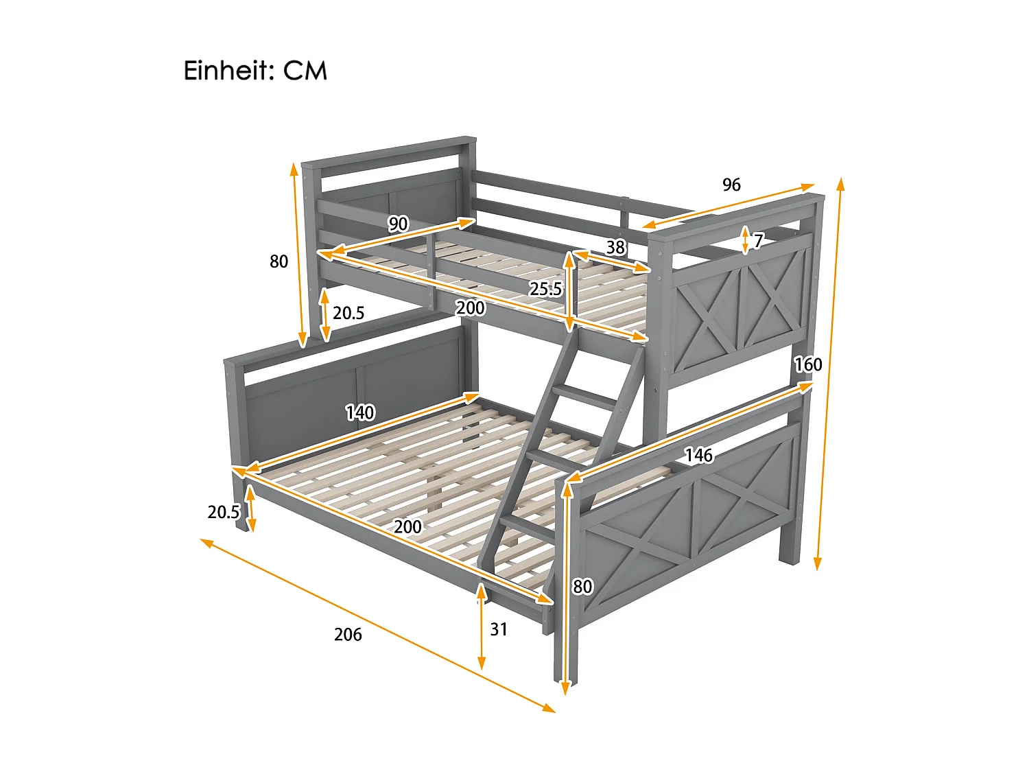 Stapelbed 90(140)x200cm - apart kinderbed met 2 lattenbodems en ladder - in grijs hout