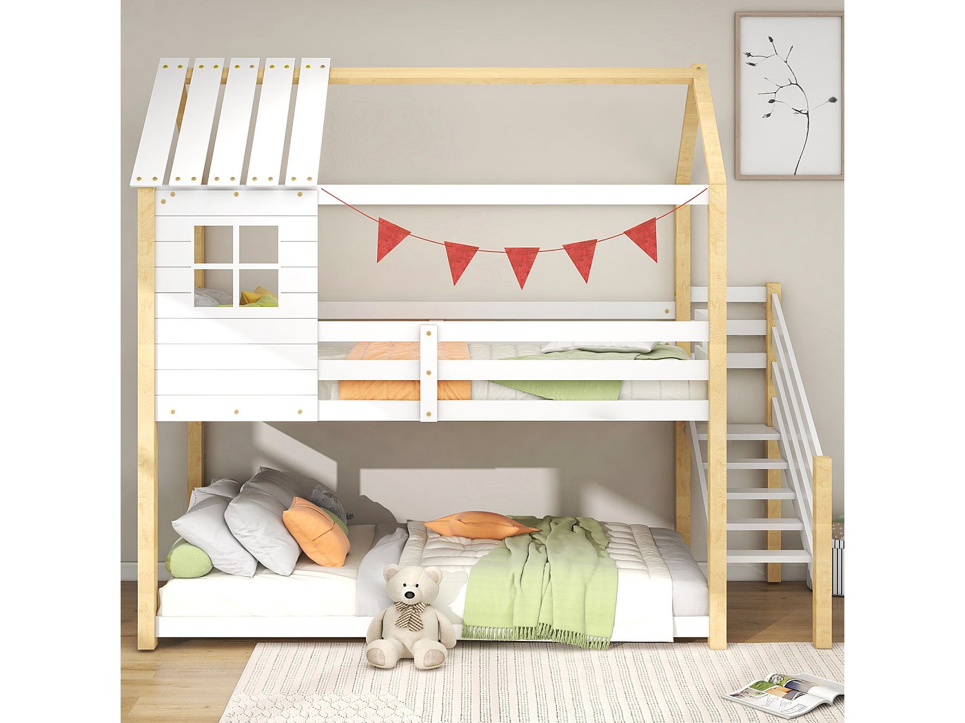 Lit Cabane Enfant 90x200cm KOMHTOM - Avec Barrières Sécurité Et Sommier Lattes - Design Maison (blanc, Sans Matelas)