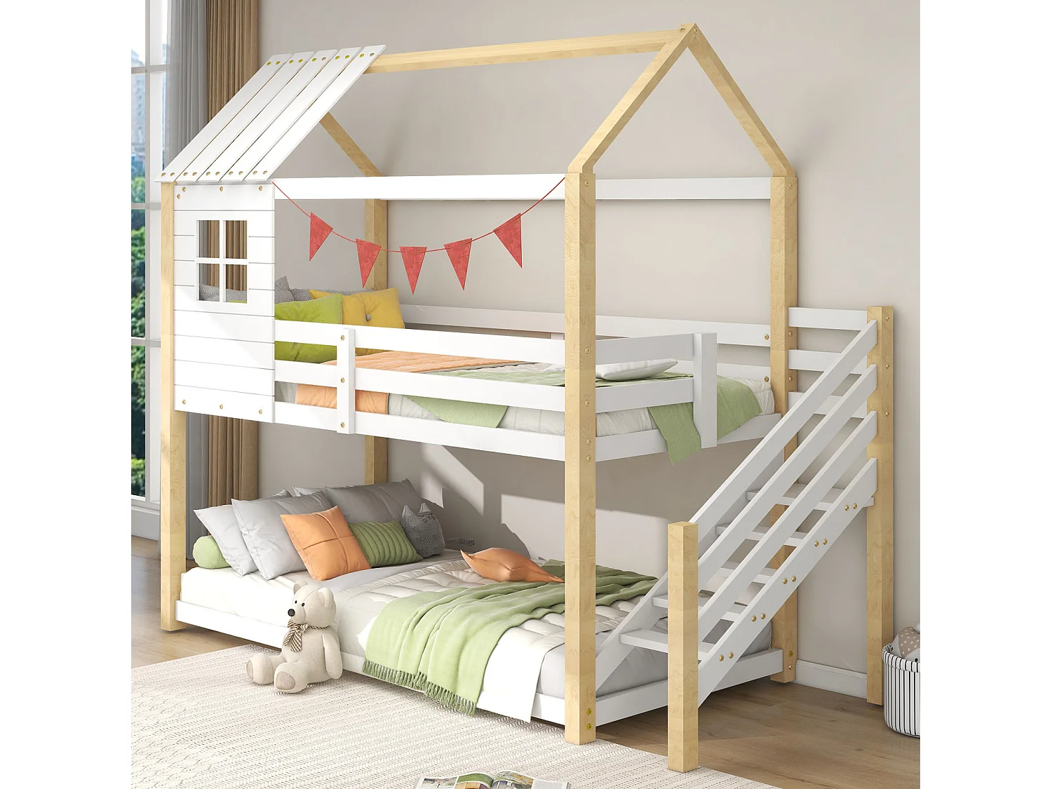 Cama infantil tipo cabaña 90x200cm - con escalera de esquina, ventanas, somier de láminas de pino, valla, literas, para 2 personas - Natural
