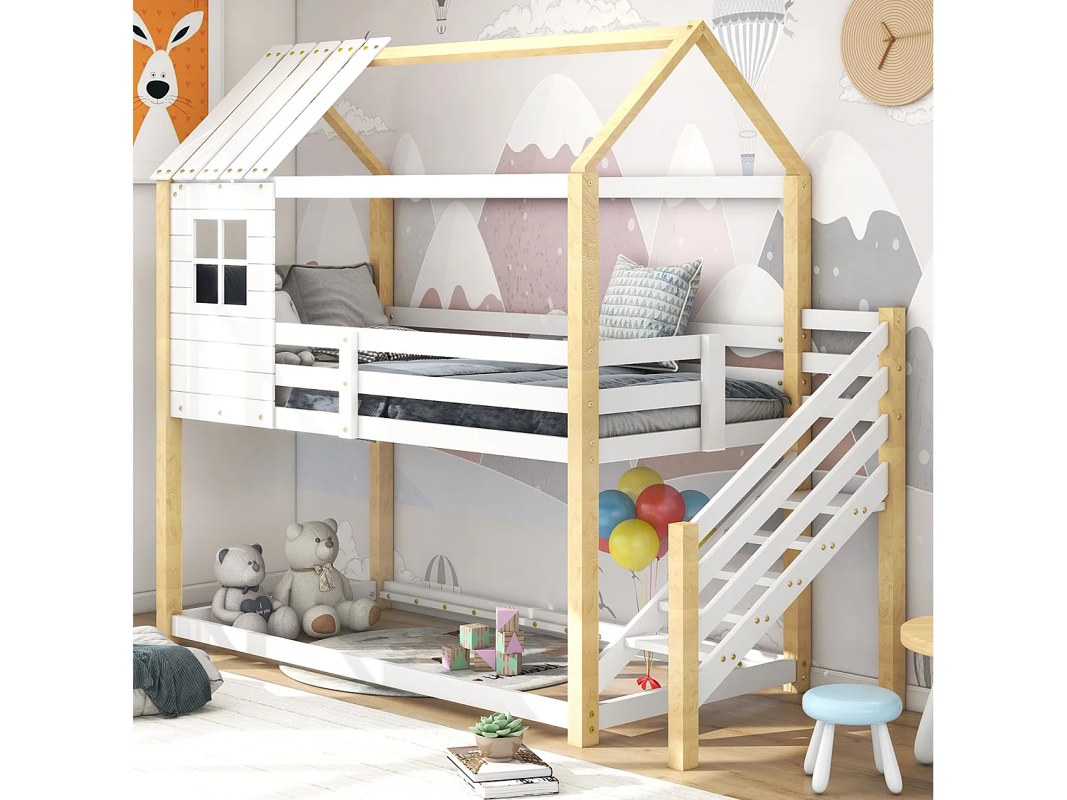Cama infantil tipo cabaña 90x200cm - con escalera de esquina, ventanas, somier de láminas de pino, valla, literas, para 2 personas - Natural