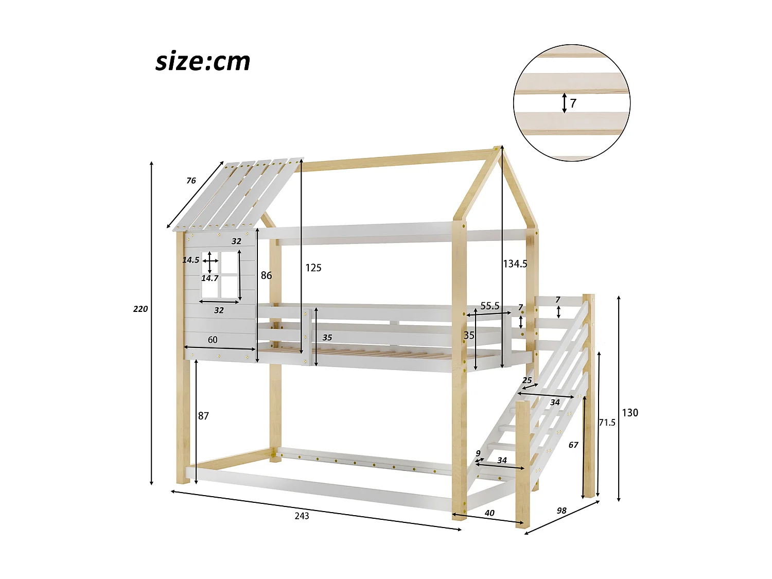 Cama infantil tipo cabaña 90x200cm - con escalera de esquina, ventanas, somier de láminas de pino, valla, literas, para 2 personas - Natural