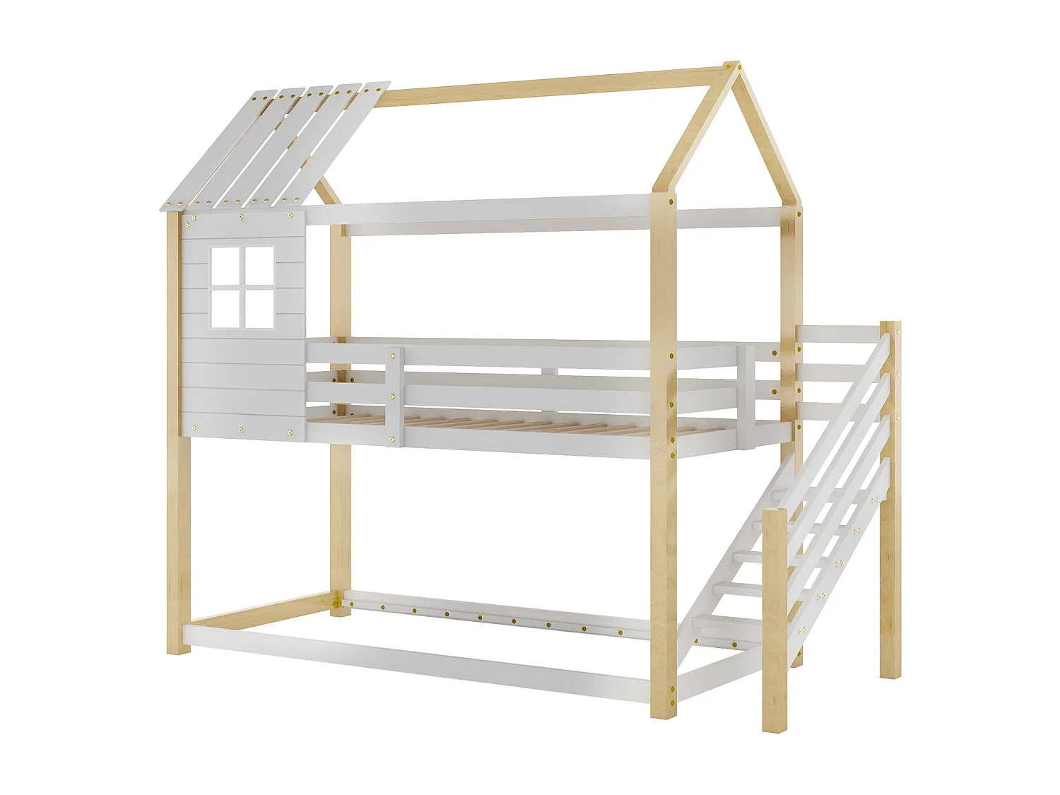 Cama infantil tipo cabaña 90x200cm - con escalera de esquina, ventanas, somier de láminas de pino, valla, literas, para 2 personas - Natural