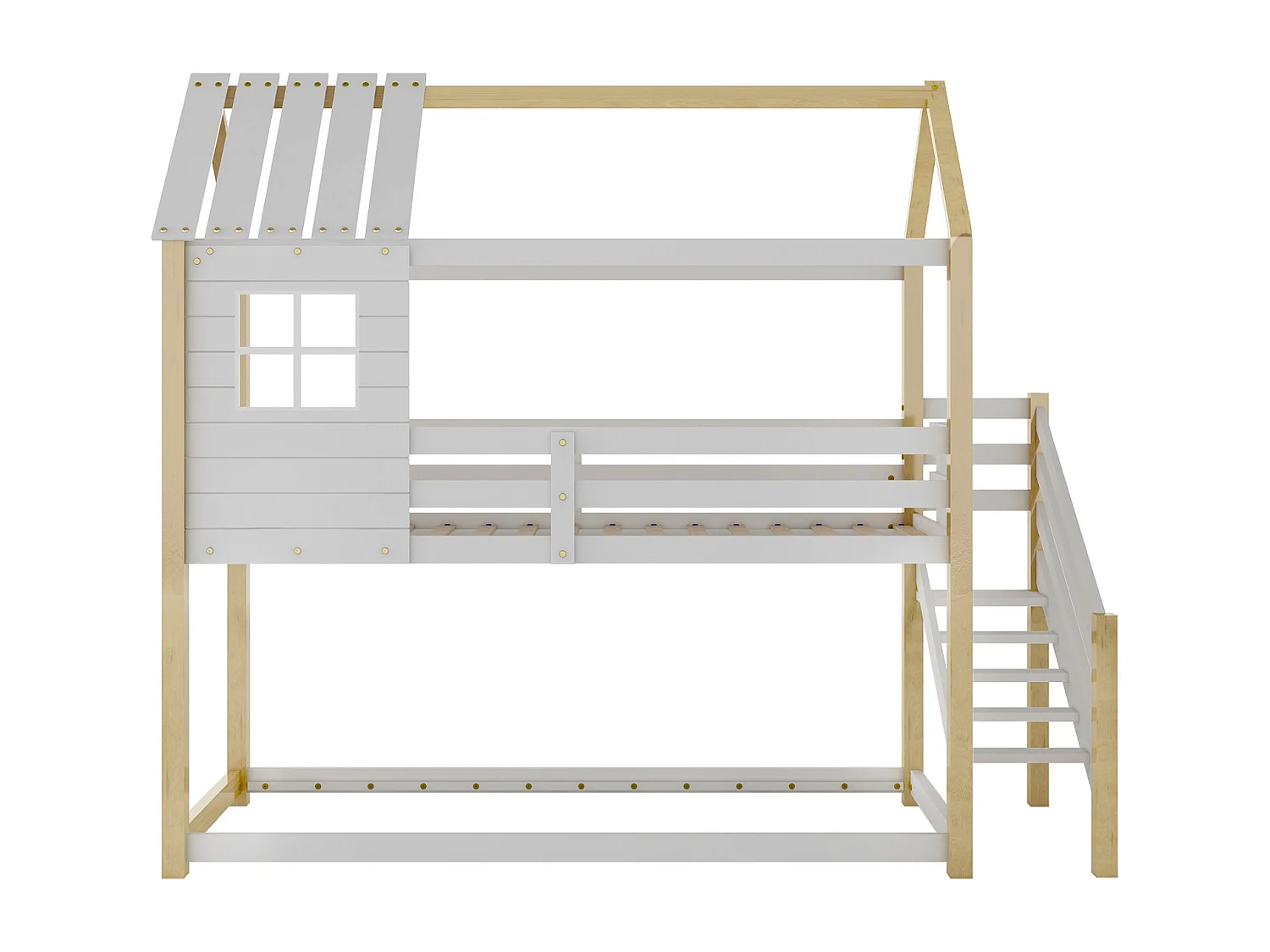 Cama infantil tipo cabaña 90x200cm - con escalera de esquina, ventanas, somier de láminas de pino, valla, literas, para 2 personas - Natural
