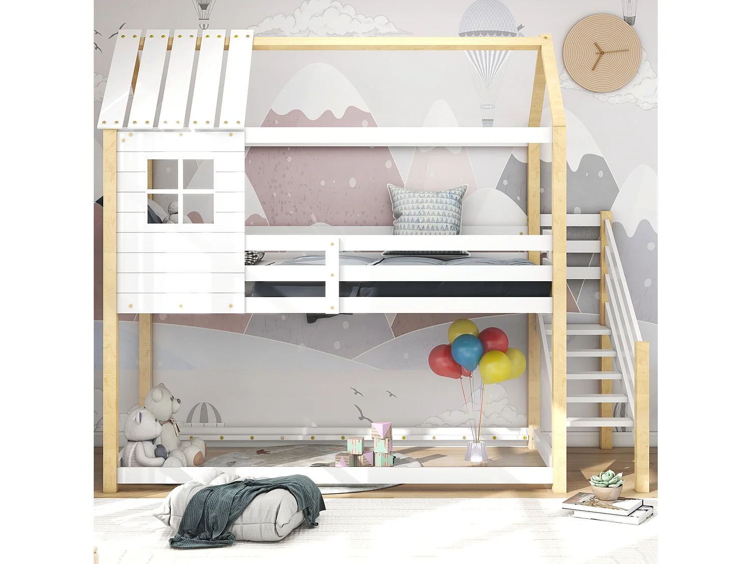 Cama infantil tipo cabaña 90x200cm - con escalera de esquina, ventanas, somier de láminas de pino, valla, literas, para 2 personas - Natural