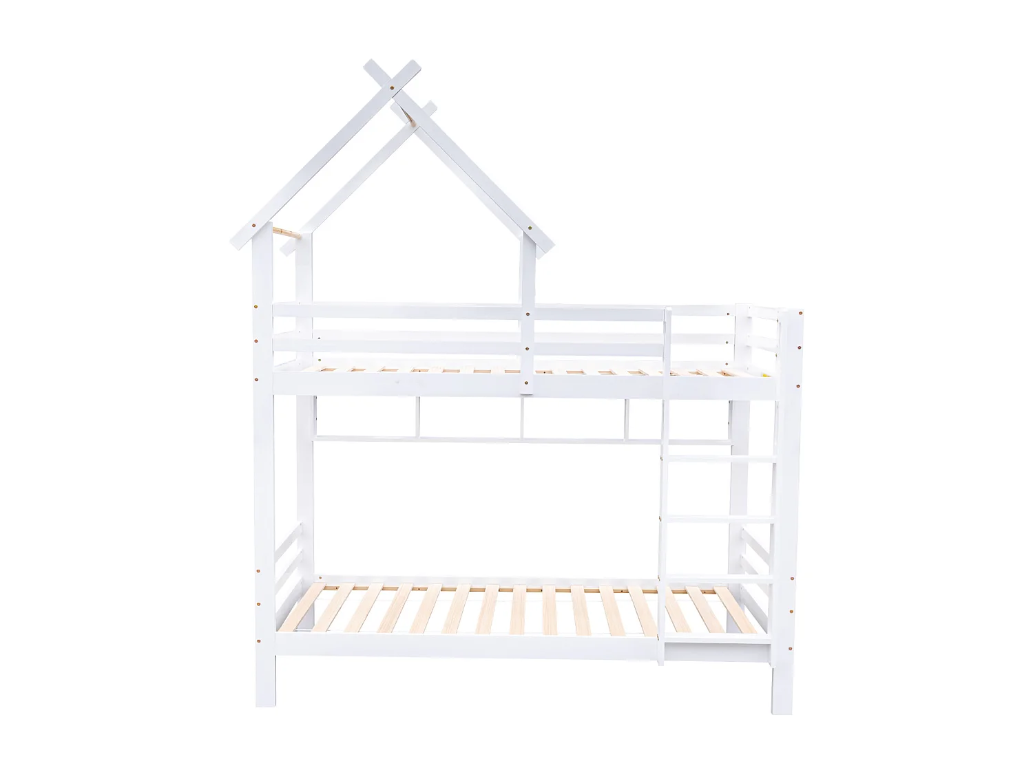 Lit superposé 90x200cm, lit cabane avec échelle à droit, anti-chute, barrière protection, cadre en bois de pin, blanc