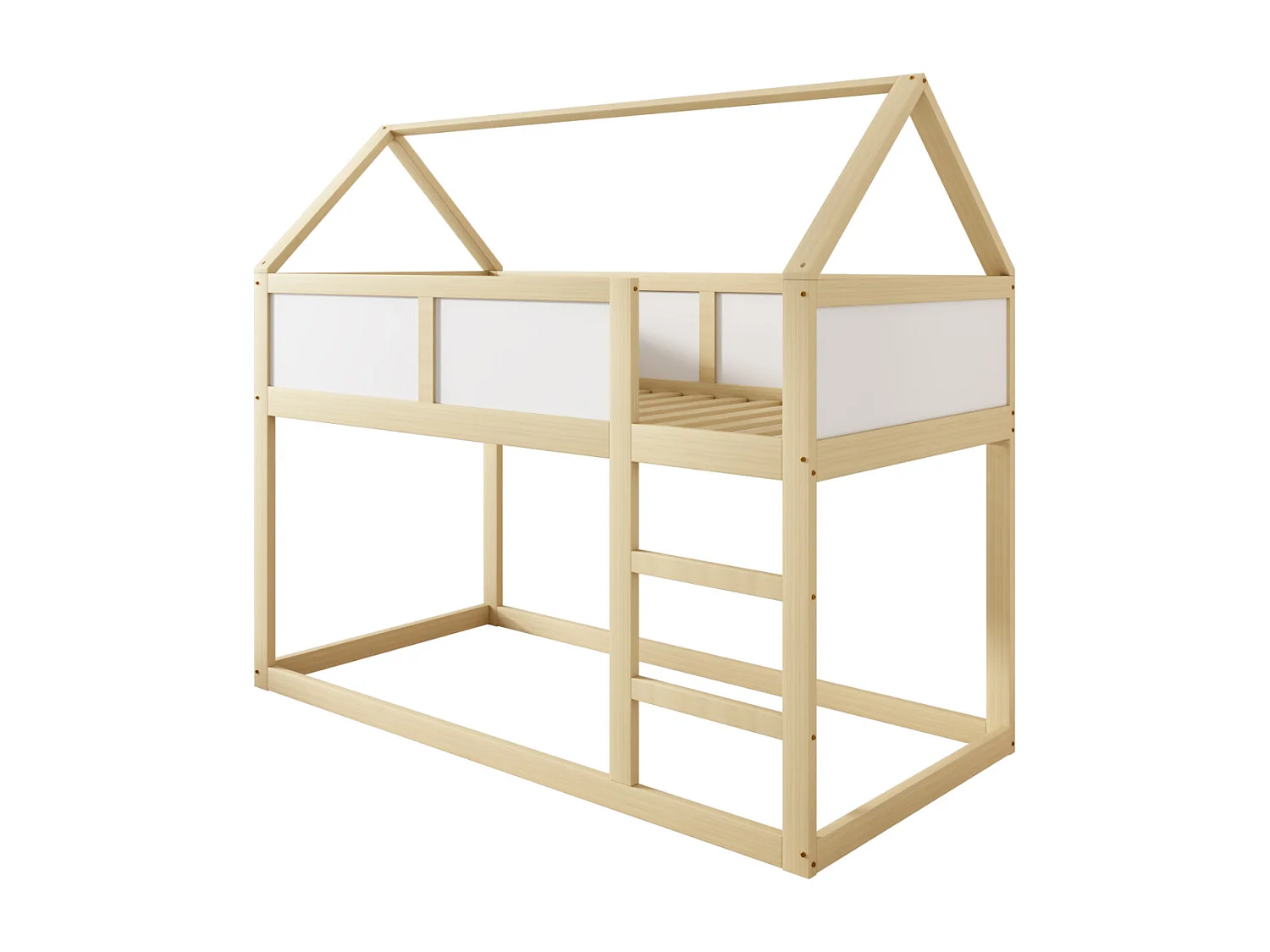 Lit superposé 90x200cm, lit cabane enfant avec escalier et 1x sommier à lattes en haut, cadre en bois massif, couleur bois