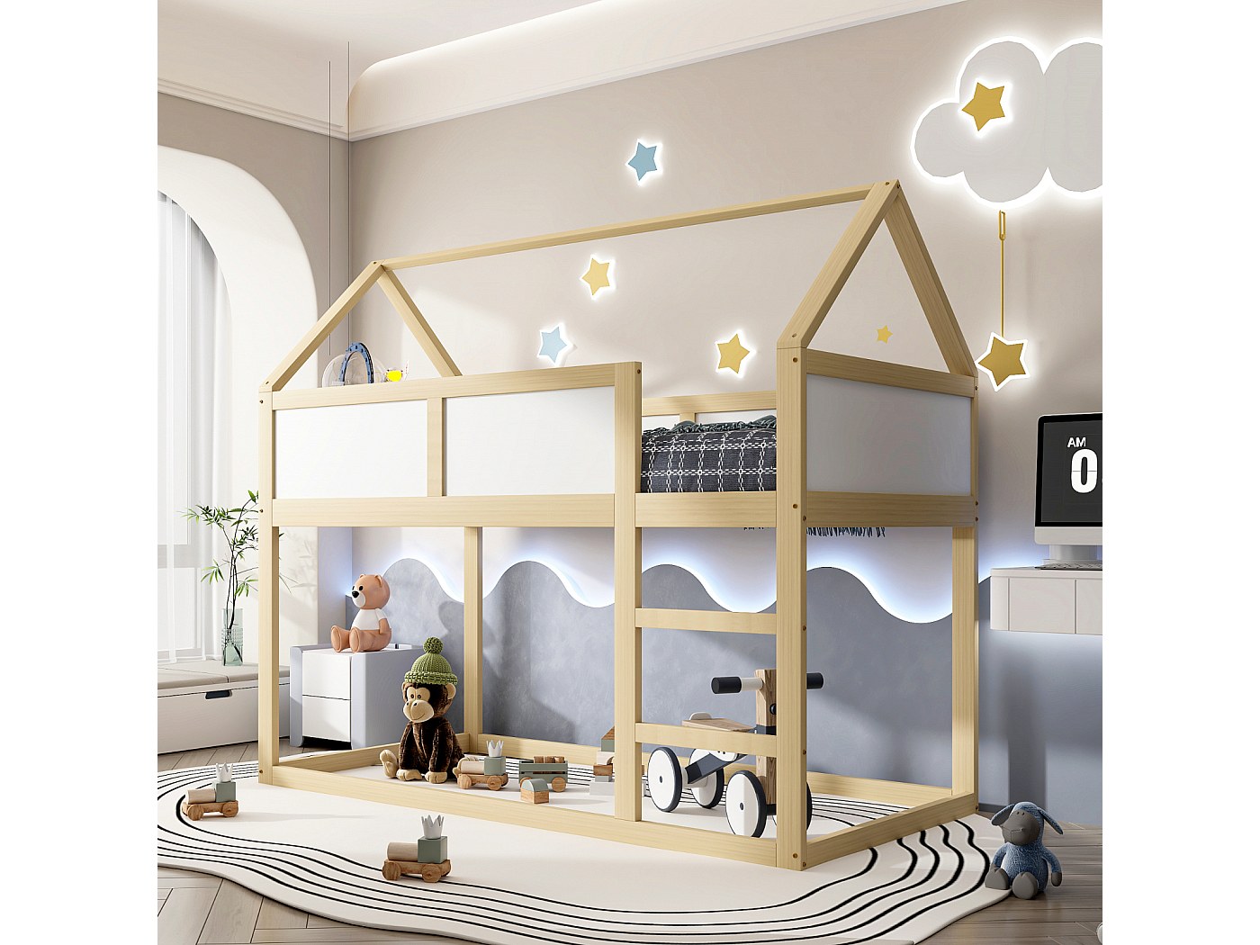 Letto A Castello In Pino Massiccio Per Bambini E Ragazzi – 90x200 Cm, Grigio/Bianco, Basso E Sicuro Con Ringhiera, Risparmia Spazio, Facile Montaggio - 4