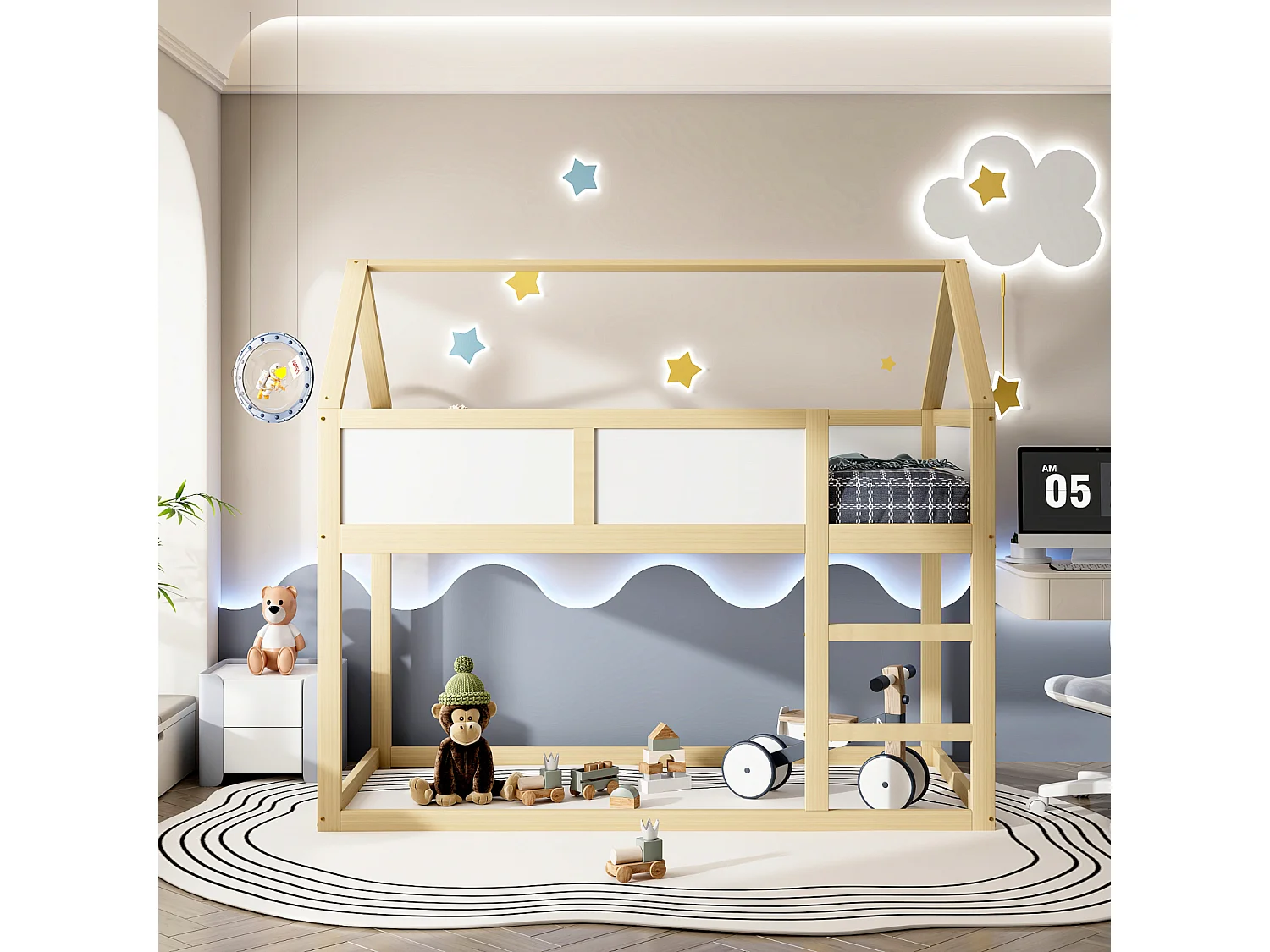 Etagenbett 90x200cm, Kinder-Hochbett mit Treppe und 1x Lattenrost oben, Massivholzrahmen, Holzfarbe