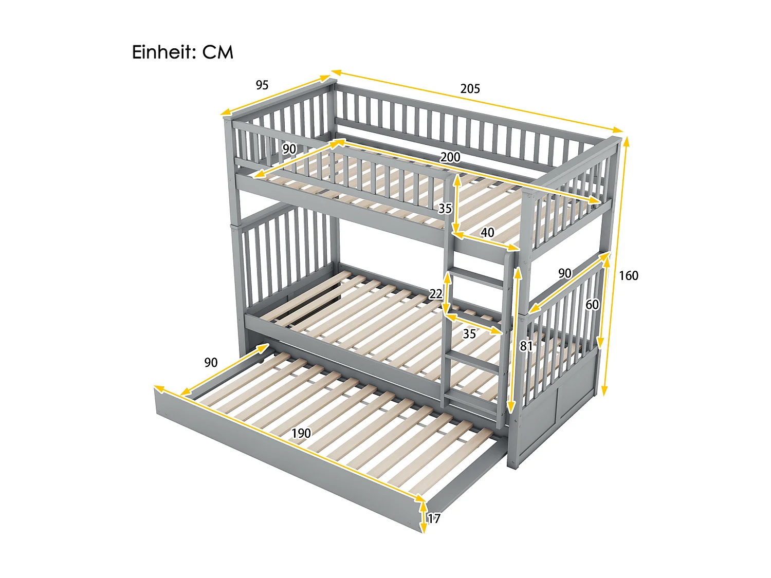 Stapelbed 90x200cm met 1 uitschuifbed 90x190cm, met hoge stabiele trapleuning, anti-val, grijs