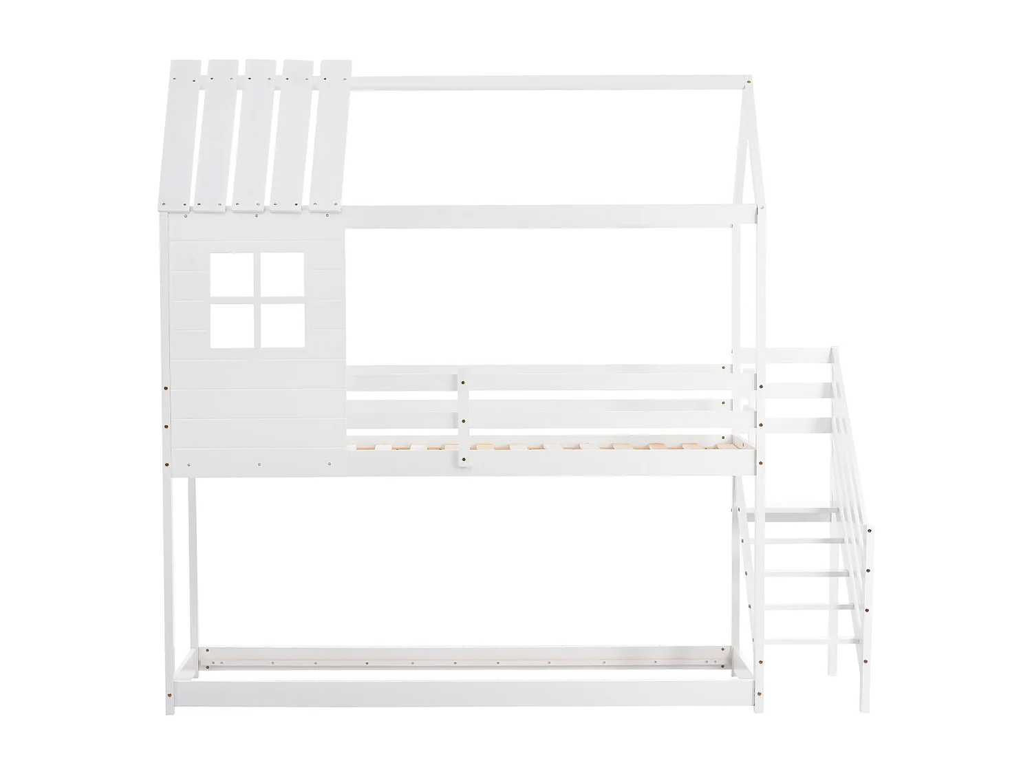 Kinderhutbed 90x200cm - met hoektrap, ramen, lattenbodem van grenenhout, hekwerk, stapelbed, voor 2 personen - Wit