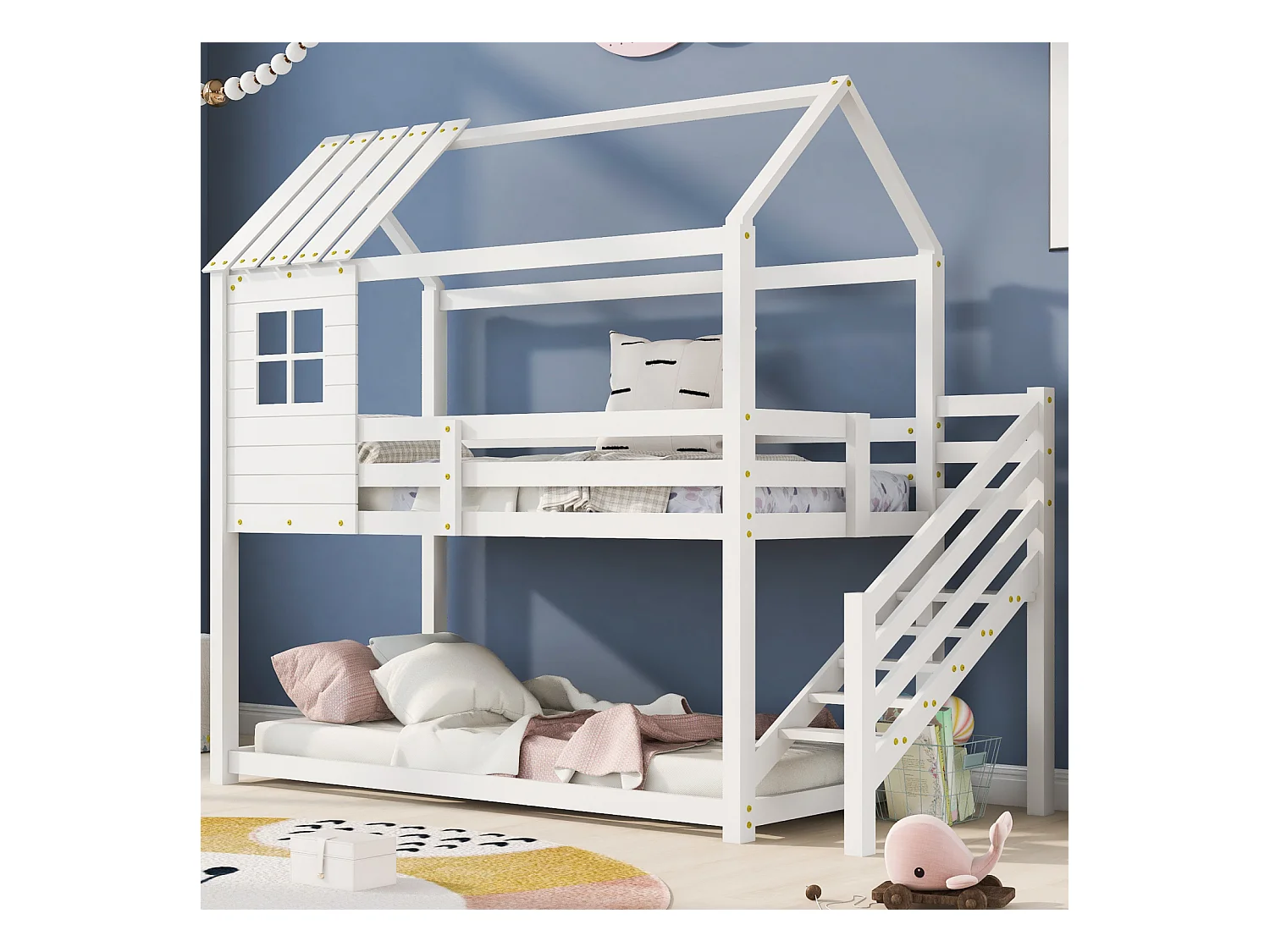 Kinderhutbed 90x200cm - met hoektrap, ramen, lattenbodem van grenenhout, hekwerk, stapelbed, voor 2 personen - Wit