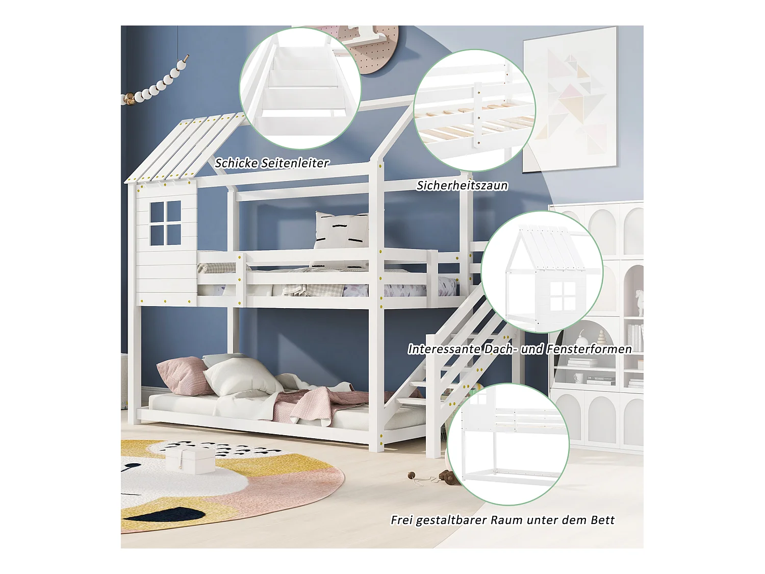 Lit cabane enfant 90x200cm - avec escalier d'angle, fenêtres, sommier à lattes en pin, clôture, lits superposés, pour 2 personnes - Blanc