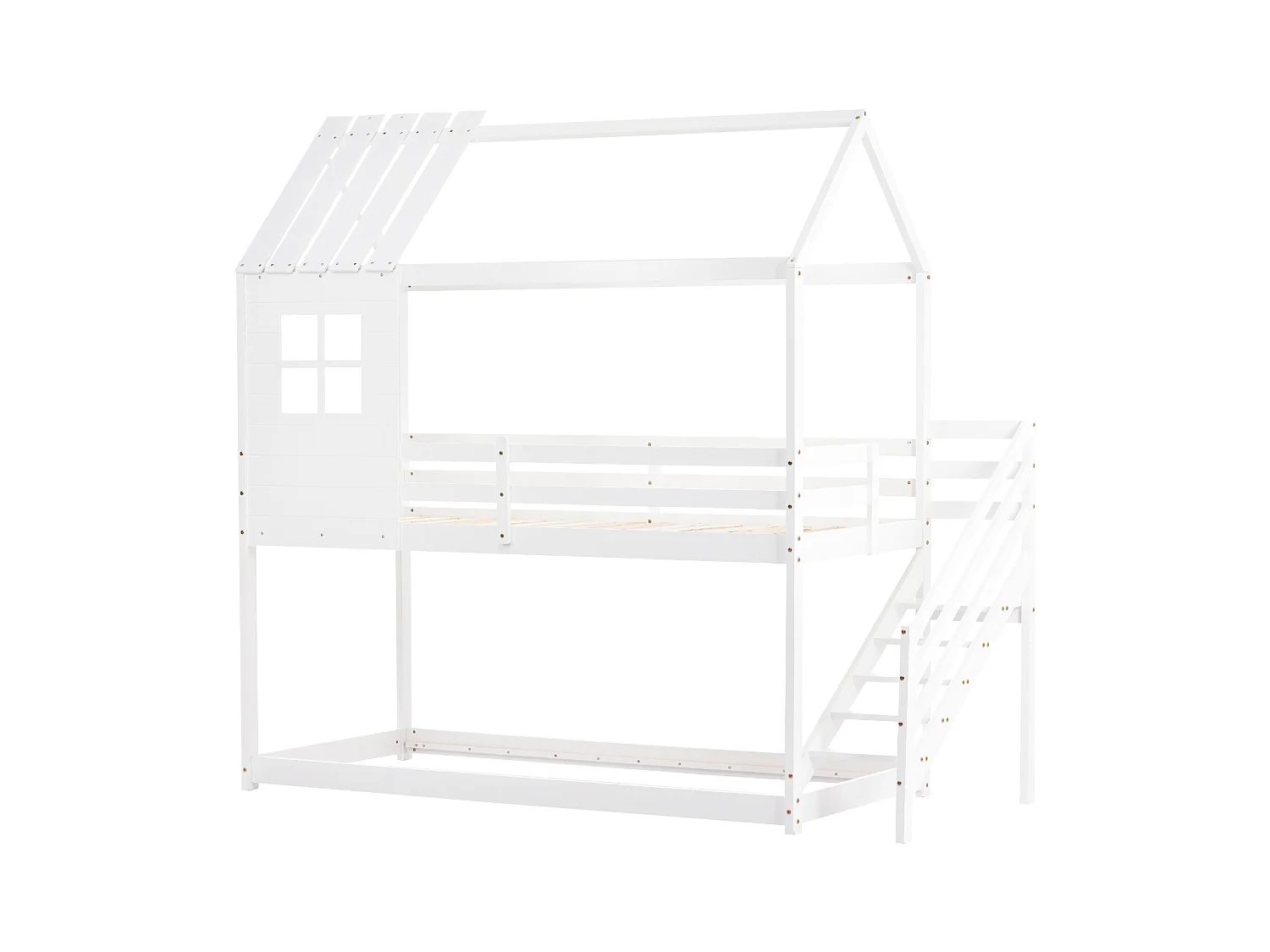 Lit cabane enfant 90x200cm - avec escalier d'angle, fenêtres, sommier à lattes en pin, clôture, lits superposés, pour 2 personnes - Blanc