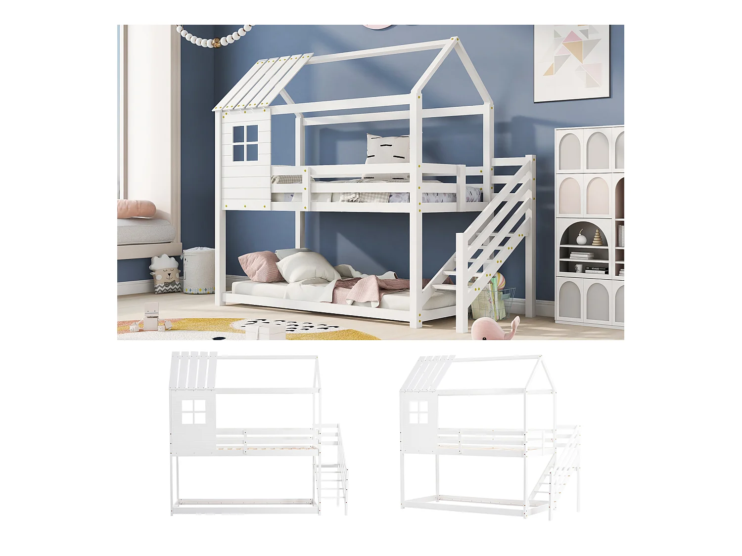 Lit cabane enfant 90x200cm - avec escalier d'angle, fenêtres, sommier à lattes en pin, clôture, lits superposés, pour 2 personnes - Blanc