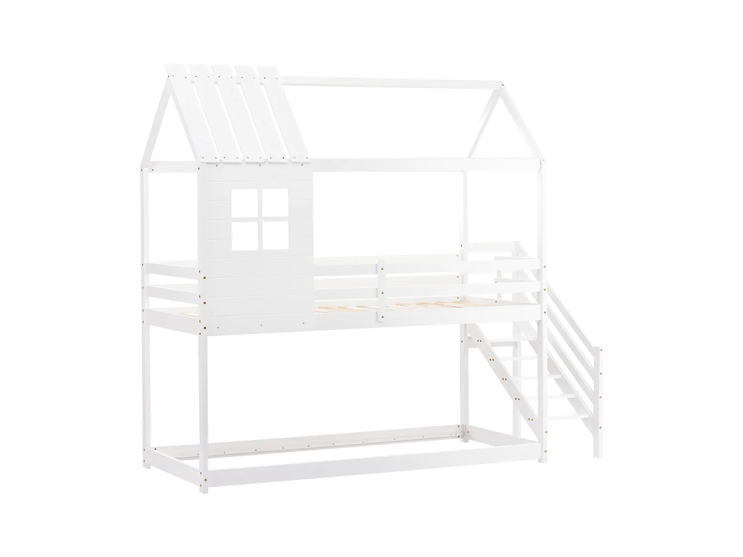 Lit cabane enfant 90x200cm - avec escalier d'angle, fenêtres, sommier à lattes en pin, clôture, lits superposés, pour 2 personnes - Blanc