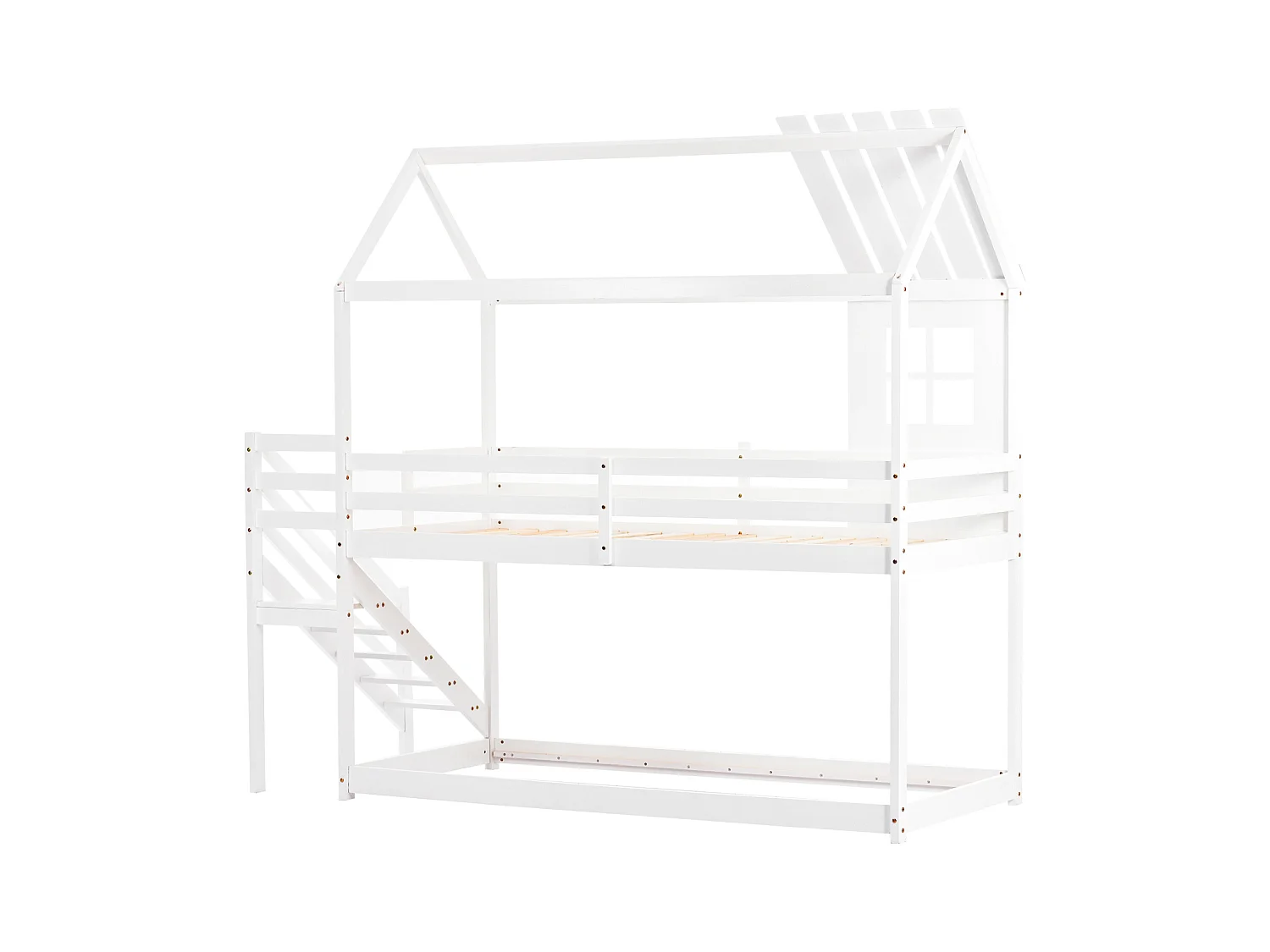 Lit cabane enfant 90x200cm - avec escalier d'angle, fenêtres, sommier à lattes en pin, clôture, lits superposés, pour 2 personnes - Blanc