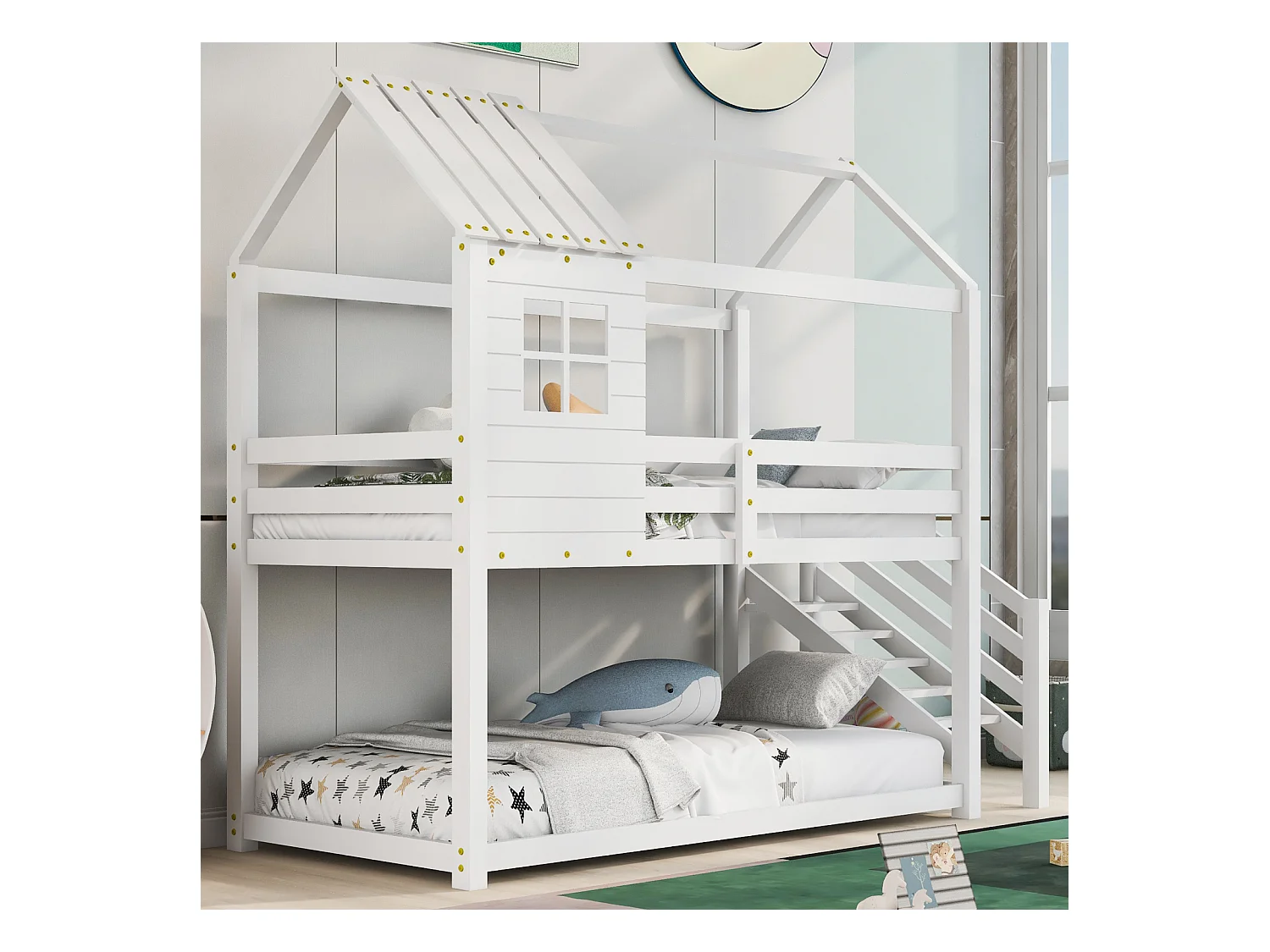Lit cabane enfant 90x200cm - avec escalier d'angle, fenêtres, sommier à lattes en pin, clôture, lits superposés, pour 2 personnes - Blanc