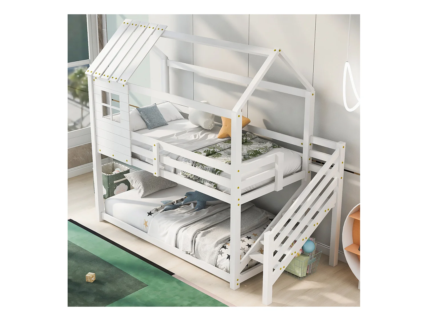 Lit cabane enfant 90x200cm - avec escalier d'angle, fenêtres, sommier à lattes en pin, clôture, lits superposés, pour 2 personnes - Blanc