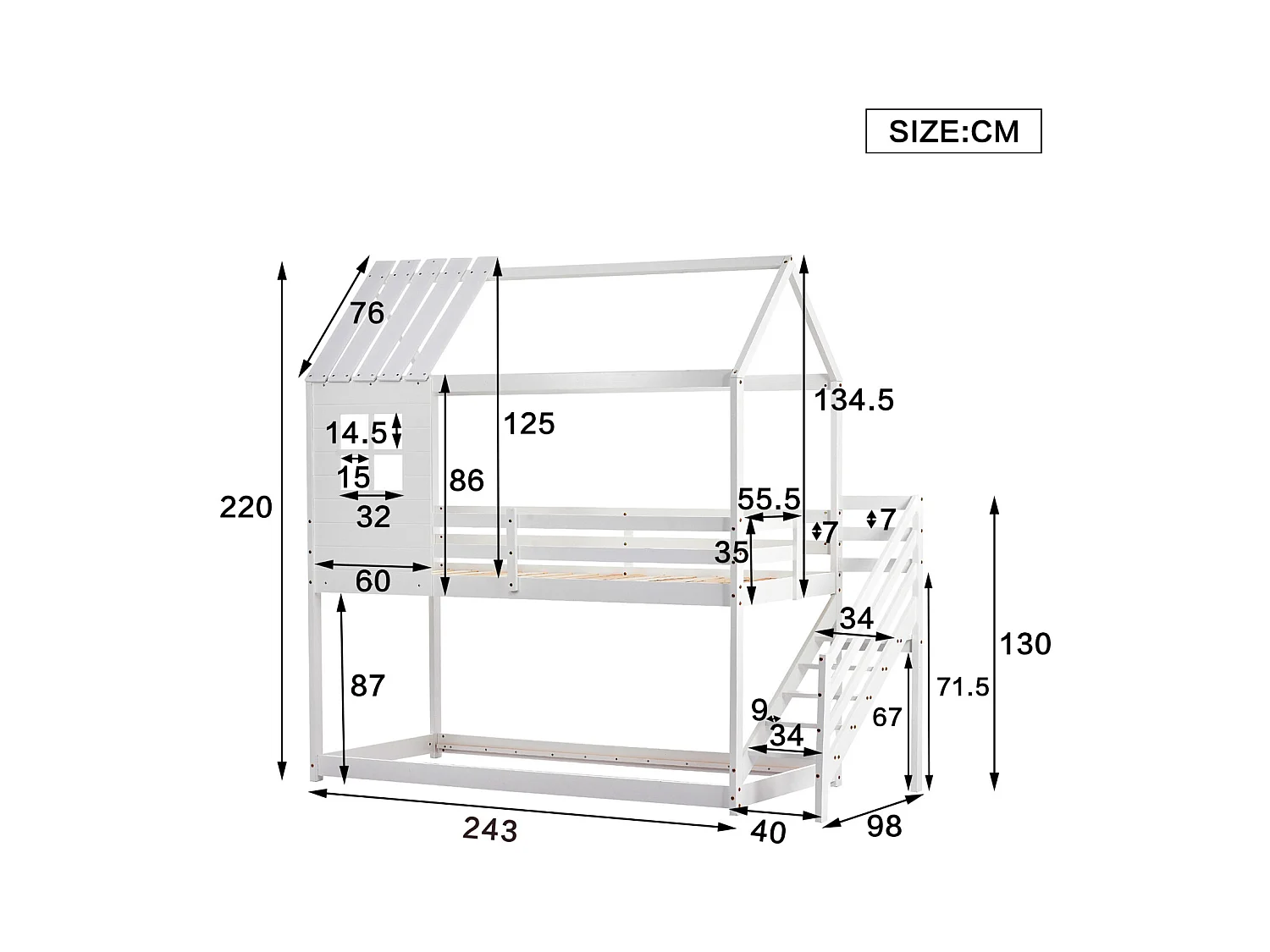 Lit cabane enfant 90x200cm - avec escalier d'angle, fenêtres, sommier à lattes en pin, clôture, lits superposés, pour 2 personnes - Blanc