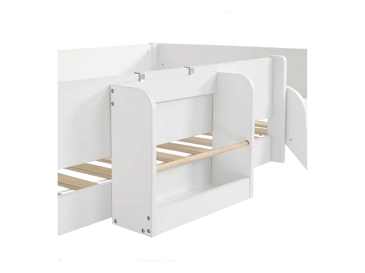 Hoogslaper 90x200cm, kinderbed met ladder, glijbaan, uitneembare plank, grenen+MDF, wit+naturel