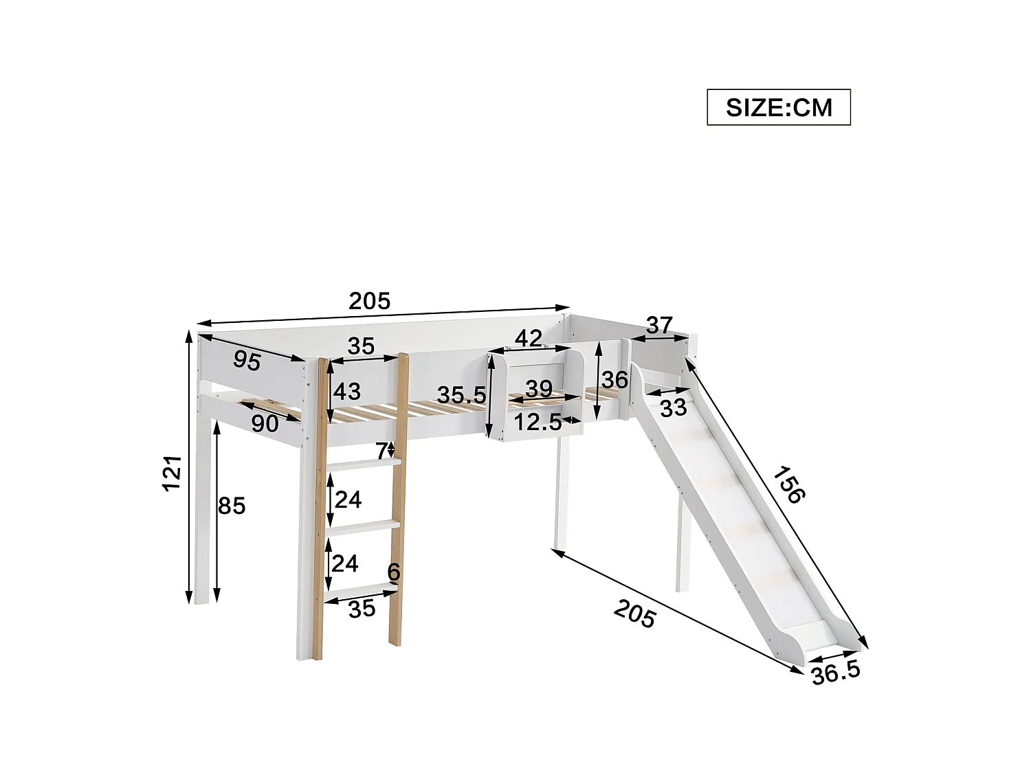 Hoogslaper 90x200cm, kinderbed met ladder, glijbaan, uitneembare plank, grenen+MDF, wit+naturel