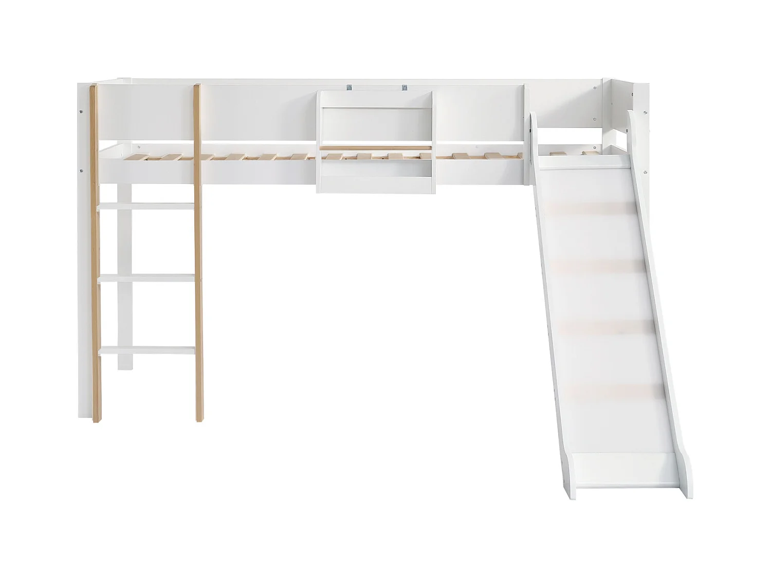 Hoogslaper 90x200cm, kinderbed met ladder, glijbaan, uitneembare plank, grenen+MDF, wit+naturel