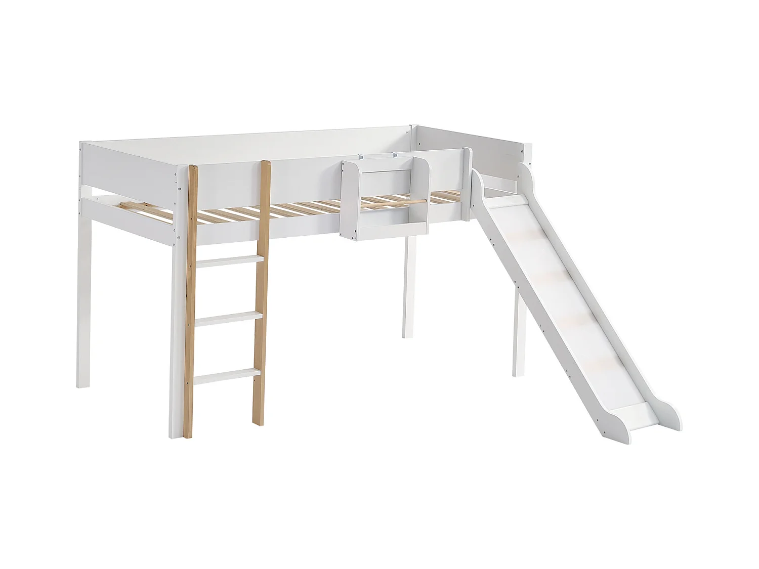 Hoogslaper 90x200cm, kinderbed met ladder, glijbaan, uitneembare plank, grenen+MDF, wit+naturel