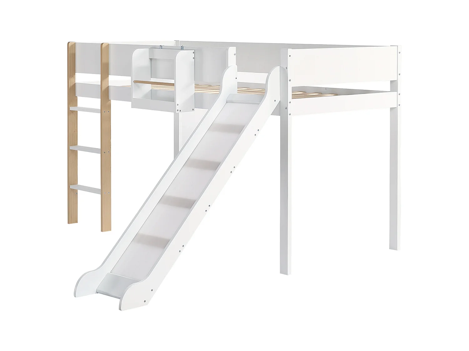 Hoogslaper 90x200cm, kinderbed met ladder, glijbaan, uitneembare plank, grenen+MDF, wit+naturel