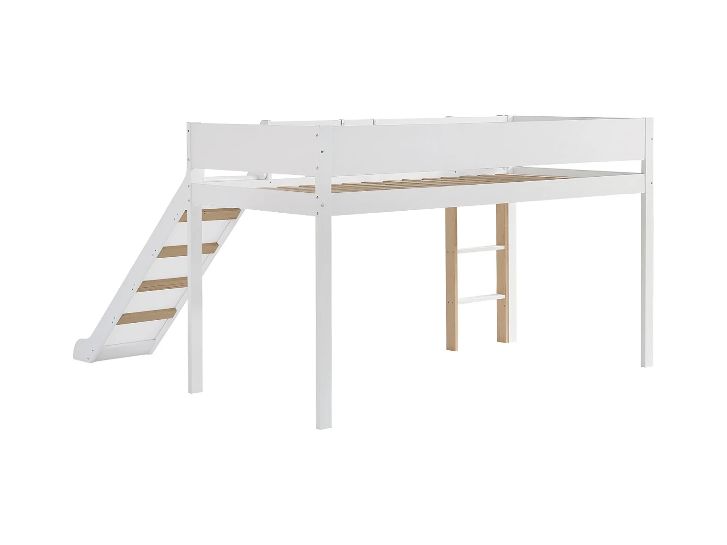 Hoogslaper 90x200cm, kinderbed met ladder, glijbaan, uitneembare plank, grenen+MDF, wit+naturel