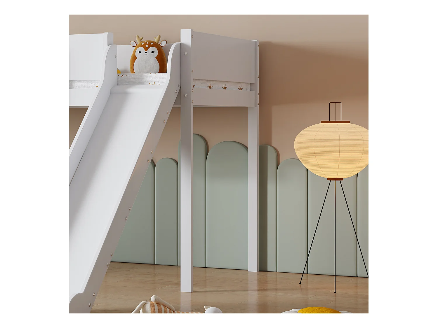 Hoogslaper 90x200cm, kinderbed met ladder, glijbaan, uitneembare plank, grenen+MDF, wit+naturel
