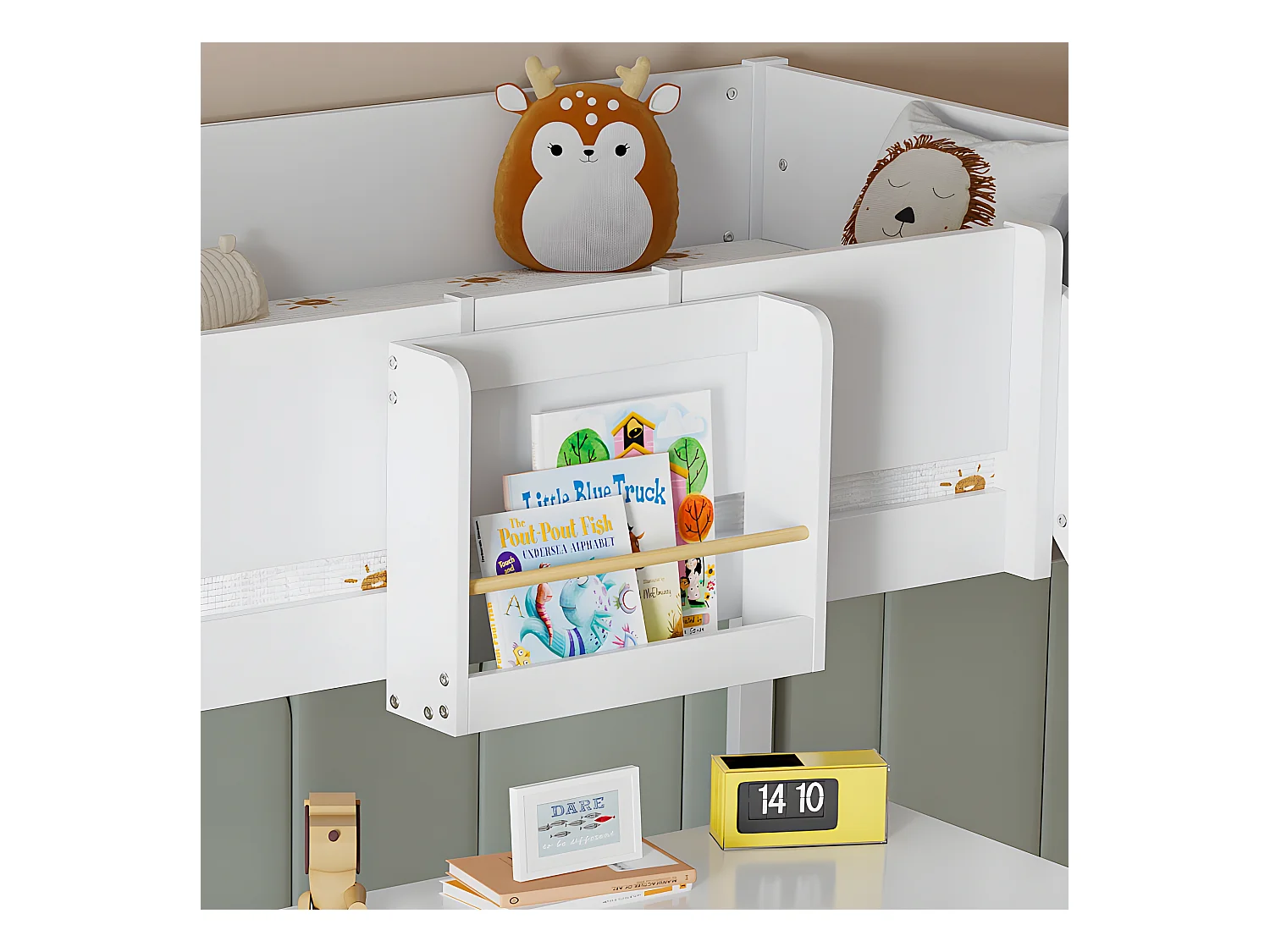Hoogslaper 90x200cm, kinderbed met ladder, glijbaan, uitneembare plank, grenen+MDF, wit+naturel