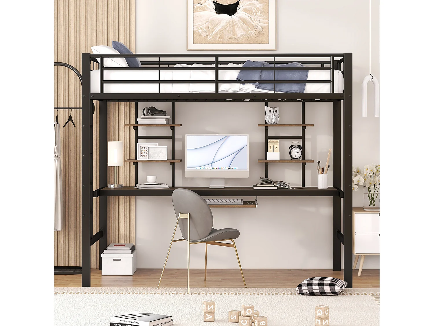 90x200cm Hoogslaper voor Kinderen - Ijzeren Bedframe Verhoogd Bed met Bureau en 2 Planken - Zwart