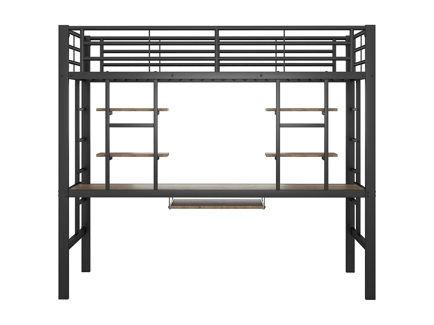 90x200cm Hoogslaper voor Kinderen - Ijzeren Bedframe Verhoogd Bed met Bureau en 2 Planken - Zwart